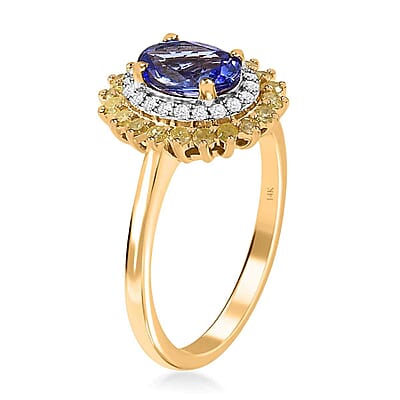 Luxoro 14K Yellow Gold AAA Tanzanite, I3 Natural Yellow and White Diamond Floral Ring (Size 7.0) 1.40 ctw