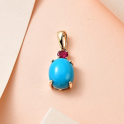 Luxoro 10K Yellow Gold AAA Sleeping Beauty Turquoise and Ouro Fino Rubellite Pendant 3.40 ctw