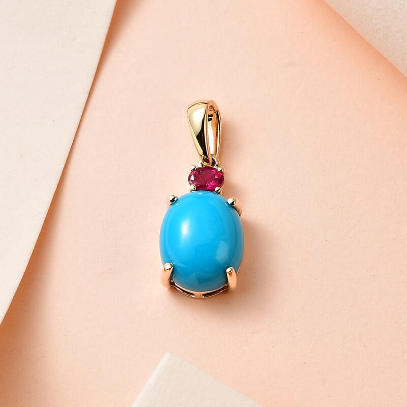 Luxoro 10K Yellow Gold AAA Sleeping Beauty Turquoise and Ouro Fino Rubellite Pendant 3.40 ctw