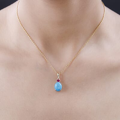 Luxoro 10K Yellow Gold AAA Sleeping Beauty Turquoise and Ouro Fino Rubellite Pendant 3.40 ctw