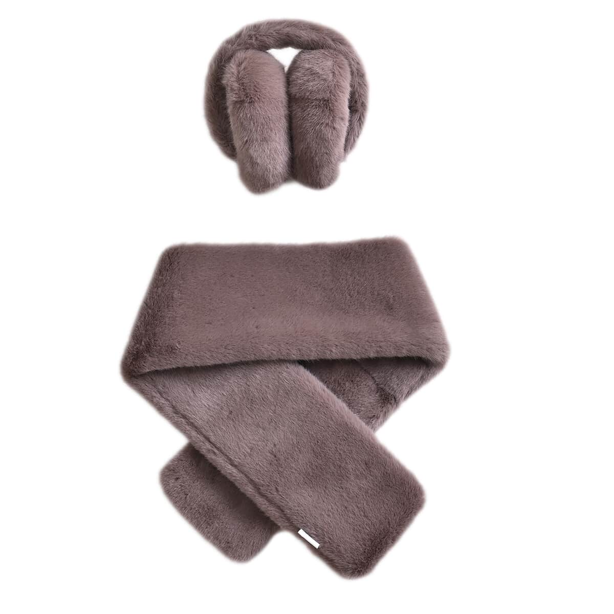 Brown 2pcs Faux Fur Earmuff (5.50"x8.65") and Scarf (3.93"x31.50") image number 0