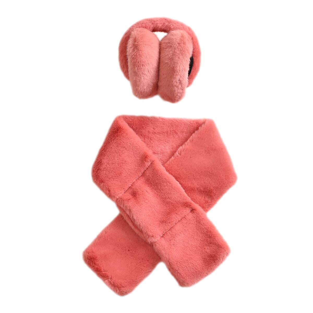 Coral Color 2pcs Faux Fur Earmuff and Scarf image number 0