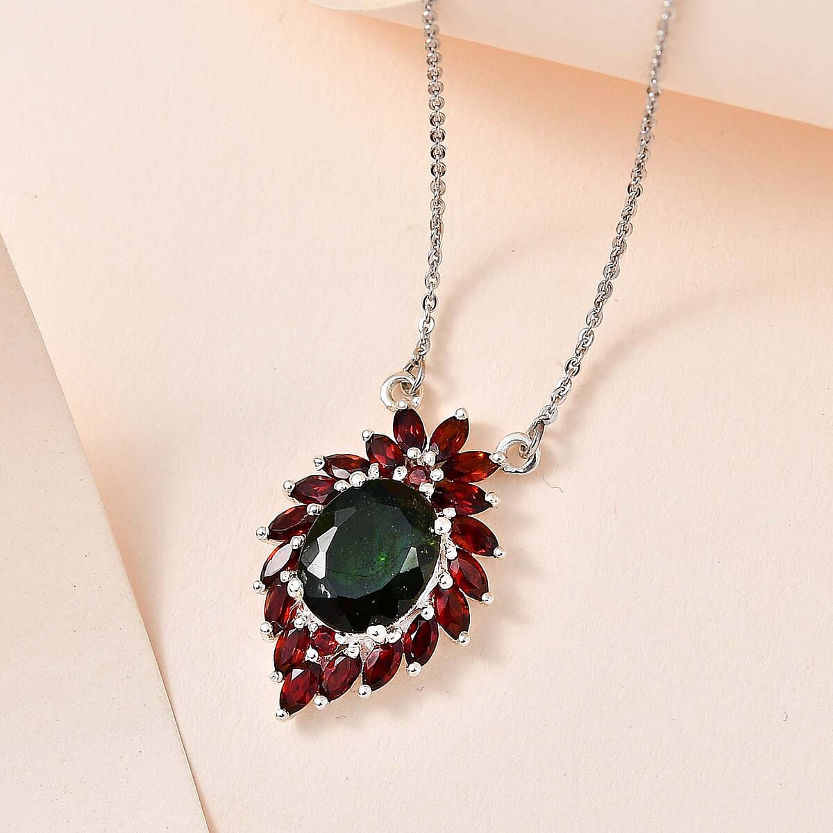 Chrome Diopside and Mozambique Garnet Necklace 18 Inches in Platinum Over Sterling Silver 5.00 ctw image number 1