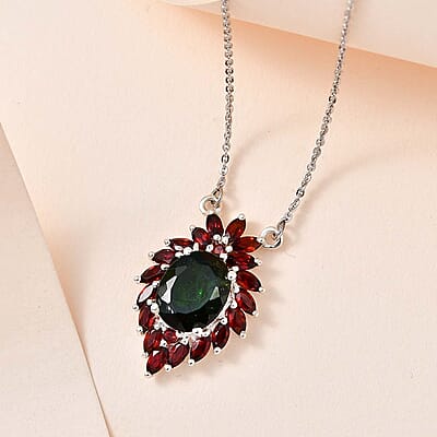 Chrome Diopside and Mozambique Garnet Necklace 18 Inches in Platinum Over Sterling Silver 5.00 ctw