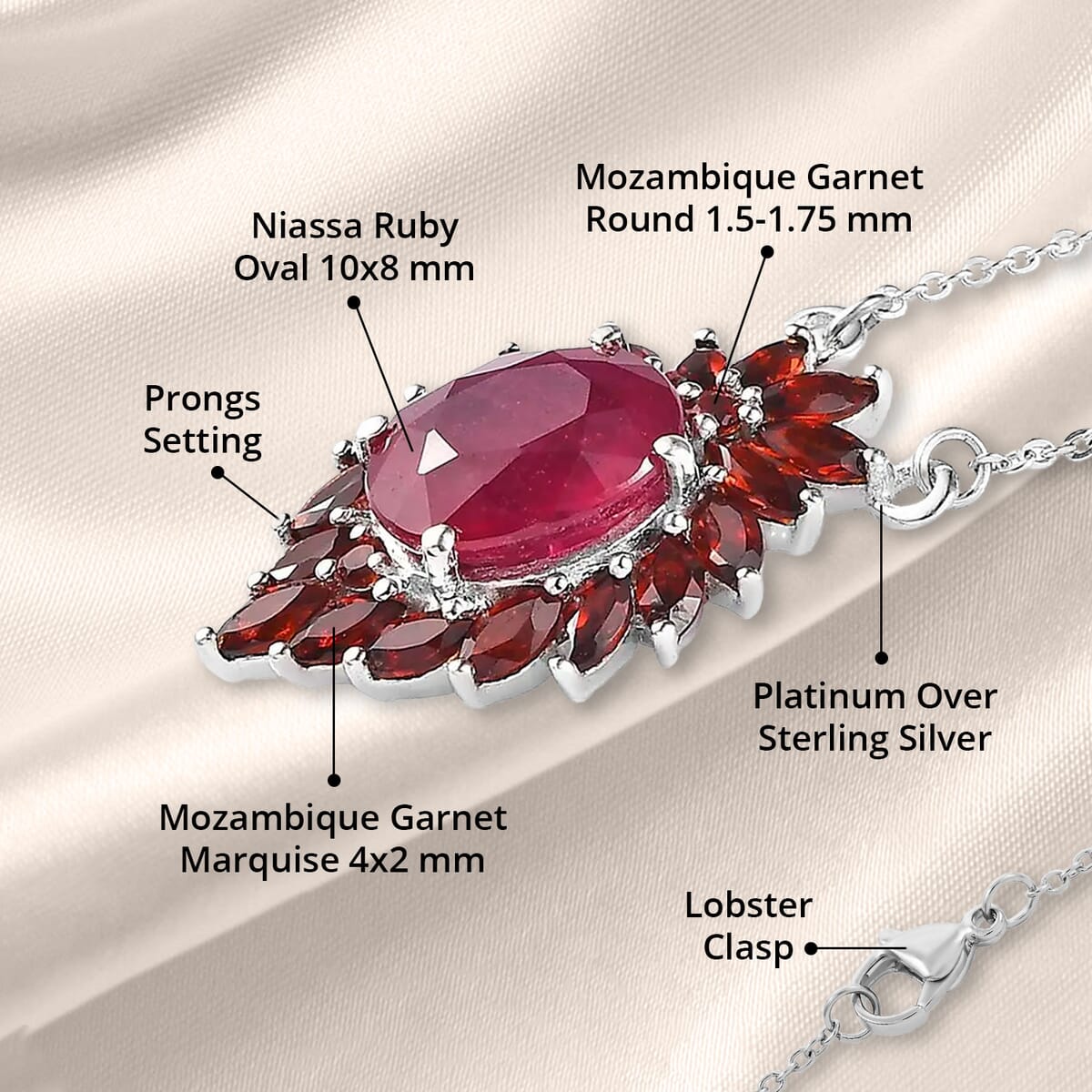 Niassa Ruby (FF) and Mozambique Garnet Necklace 18 Inches in Platinum Over Sterling Silver 5.90 ctw image number 4