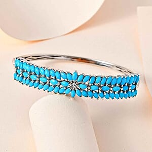 Sleeping Beauty Turquoise and White Zircon 9.01 ctw Bangle Bracelet in Platinum Over Sterling Silver (7 In) (21.37 g)