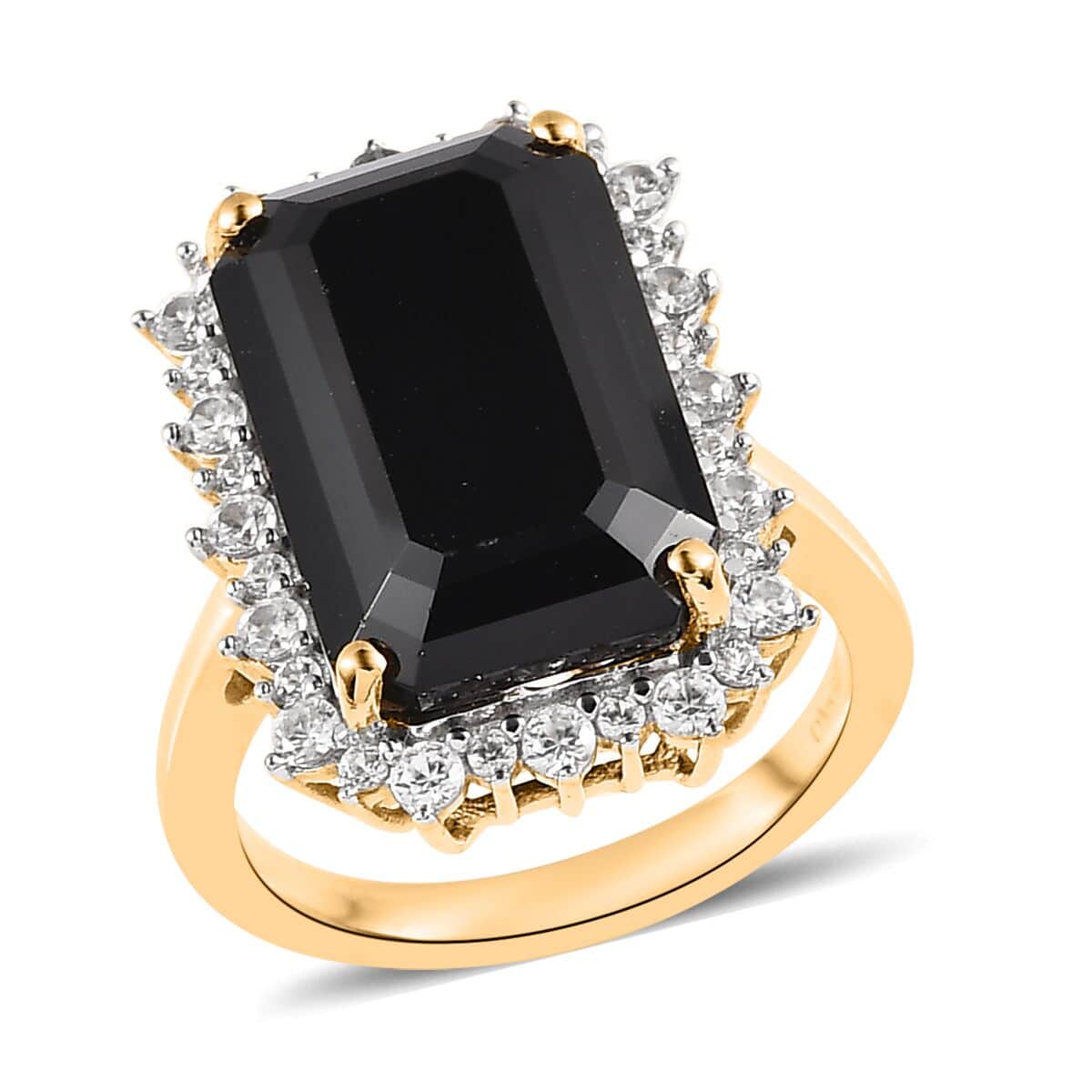 Thai Black Spinel and White Zircon Halo Ring in Vermeil Yellow Gold Over Sterling Silver (Size 10.0) 13.50 ctw image number 0