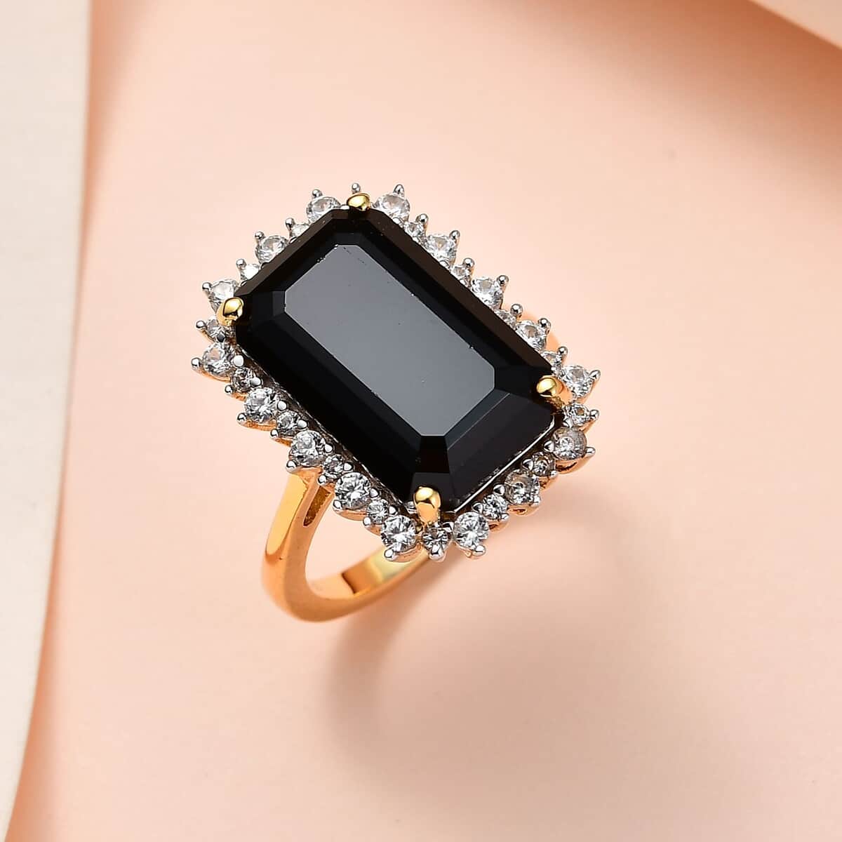 Thai Black Spinel and White Zircon Halo Ring in Vermeil Yellow Gold Over Sterling Silver (Size 10.0) 13.50 ctw image number 1