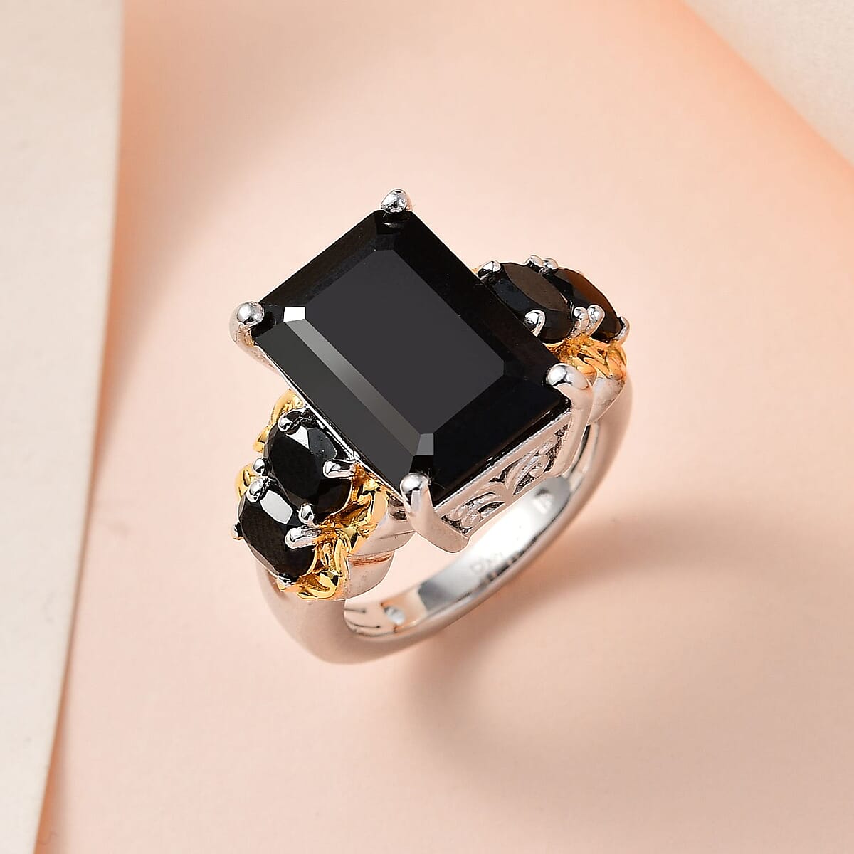 Thai Black Spinel 5 Stone Ring in Vermeil YG and Platinum Over Sterling Silver 10.00 ctw image number 1