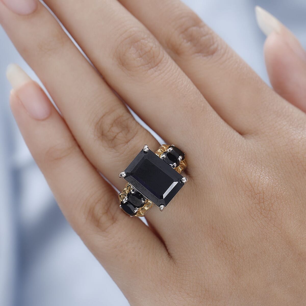 Thai Black Spinel 5 Stone Ring in Vermeil YG and Platinum Over Sterling Silver 10.00 ctw image number 2