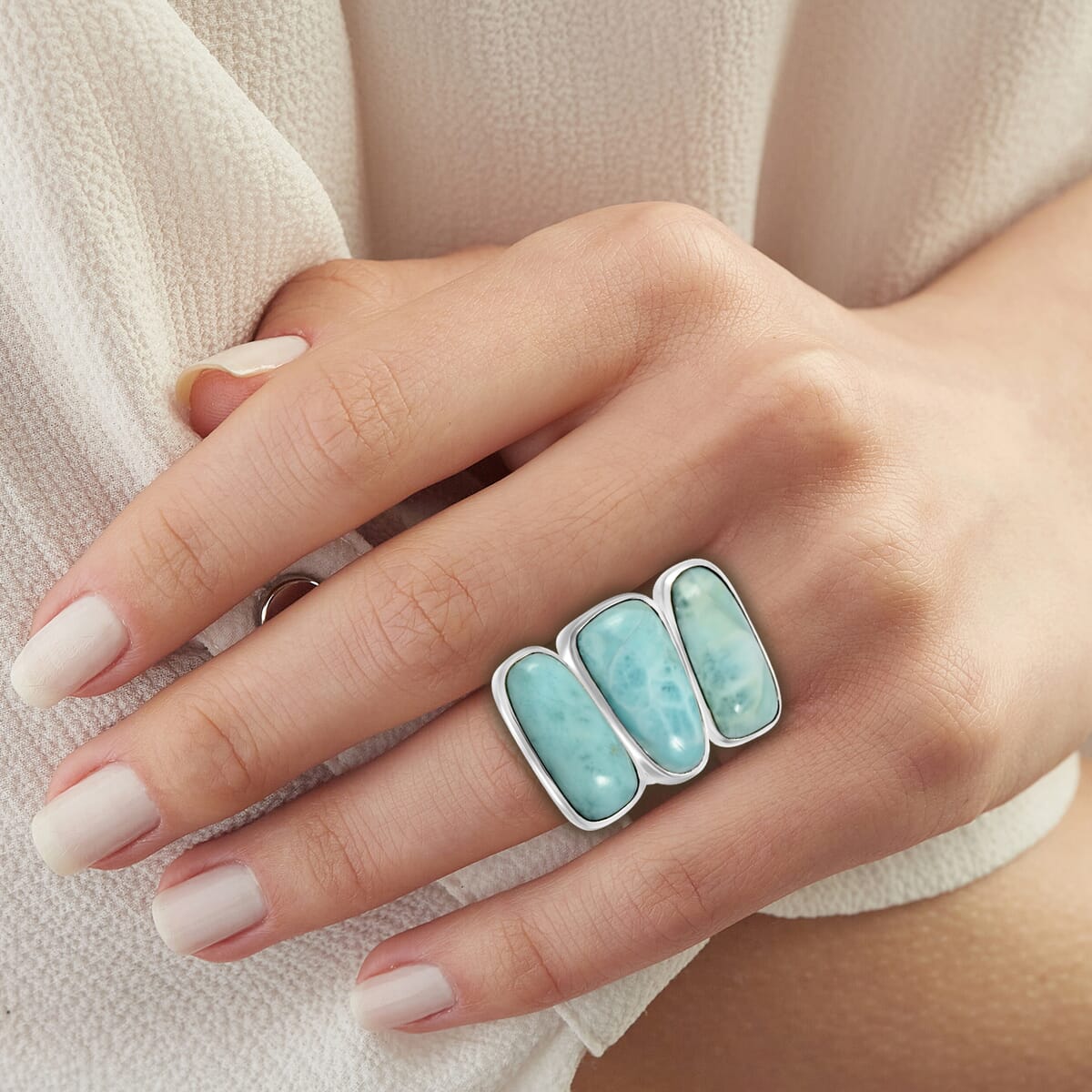Premium Larimar 25.90 ctw Fancy Ring in Sterling Silver (Size 7.0) image number 2