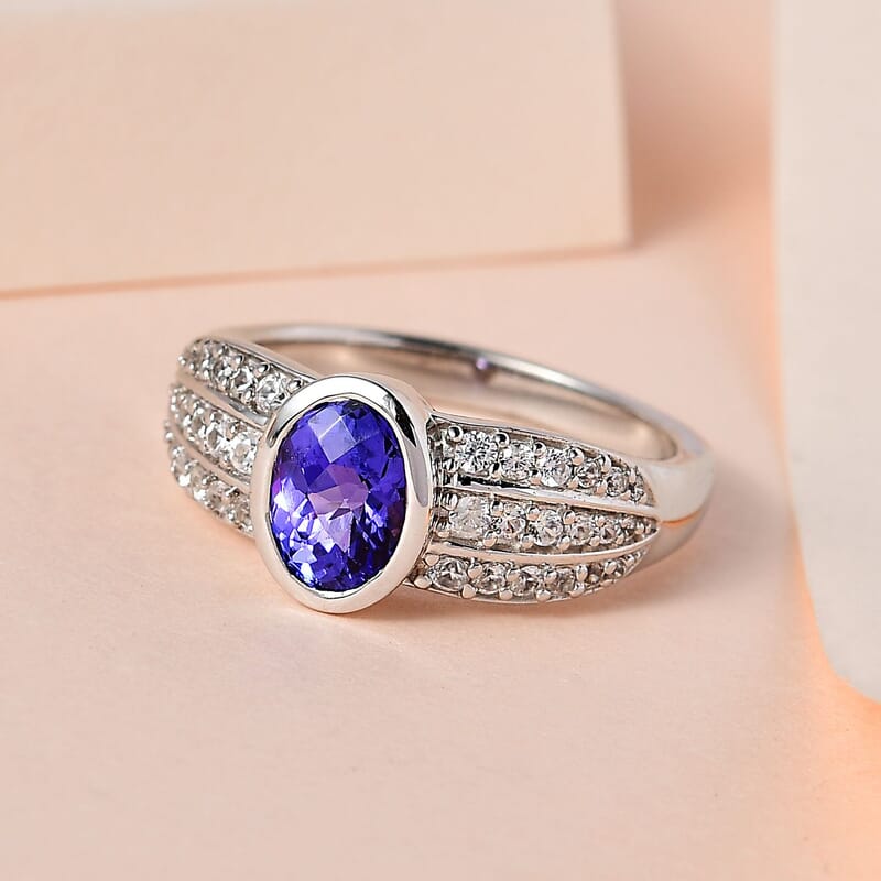 Tanzanite and White Zircon 2.79 ctw Ring in Platinum Over Sterling Silver (Size 10.0)