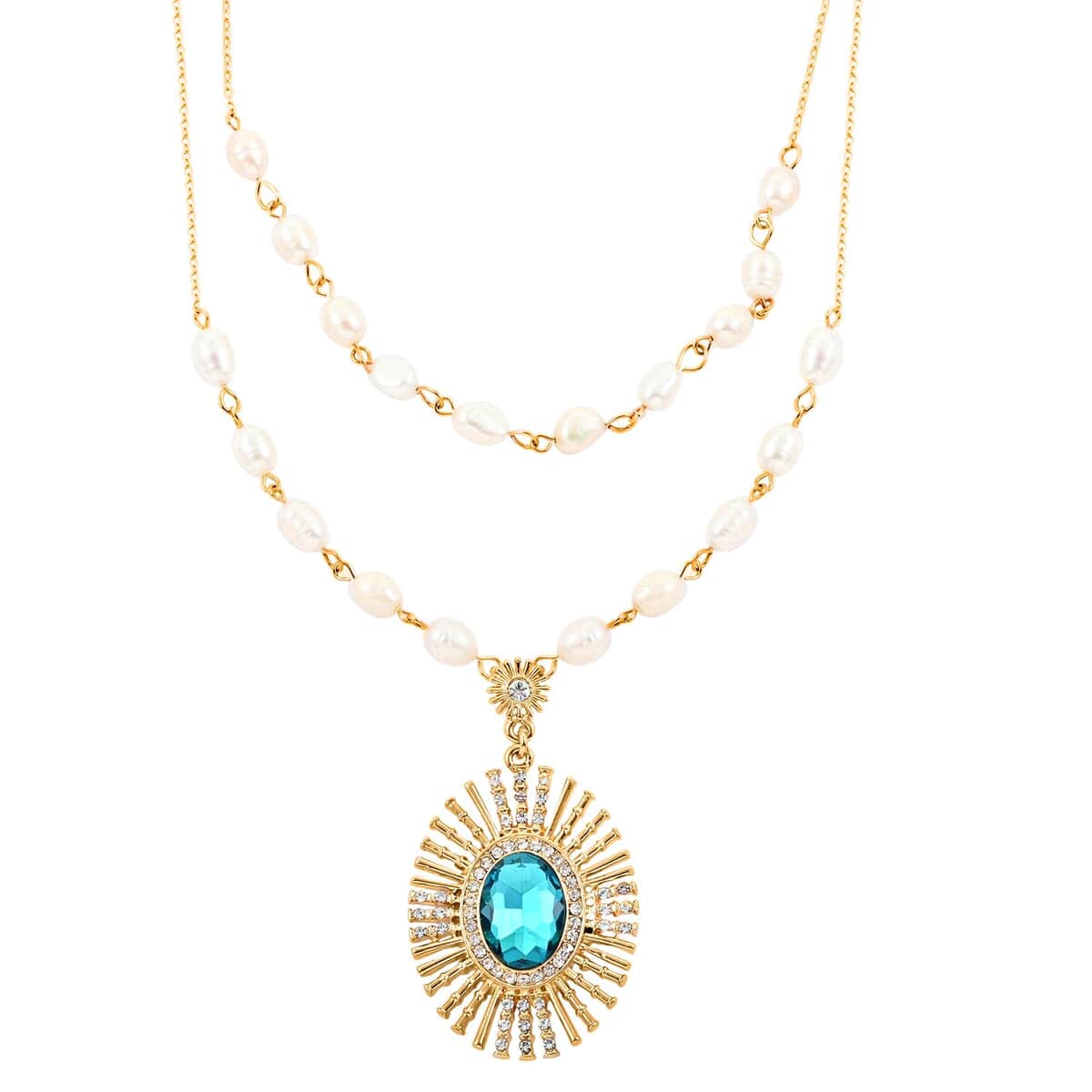 Simulated Blue Topaz, Freshwater Pearl and Austrian Crystal Floral Necklace 20 Inches in Goldtone image number 0