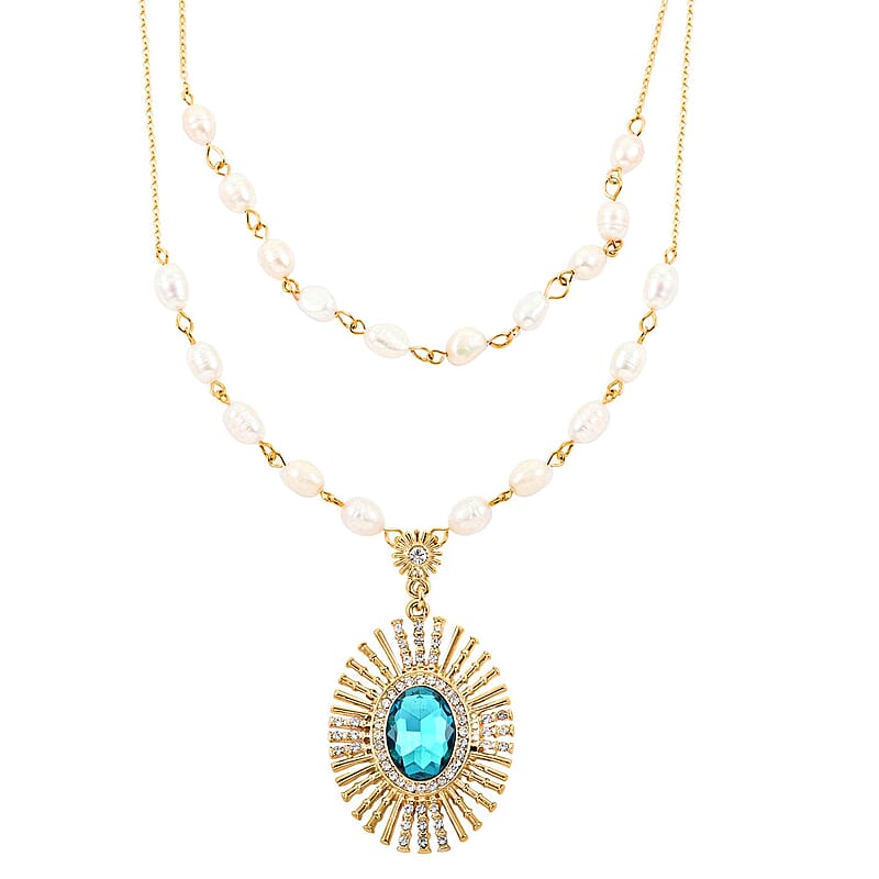 Simulated Blue Topaz, Freshwater Pearl and Austrian Crystal Floral Necklace 20 Inches in Goldtone