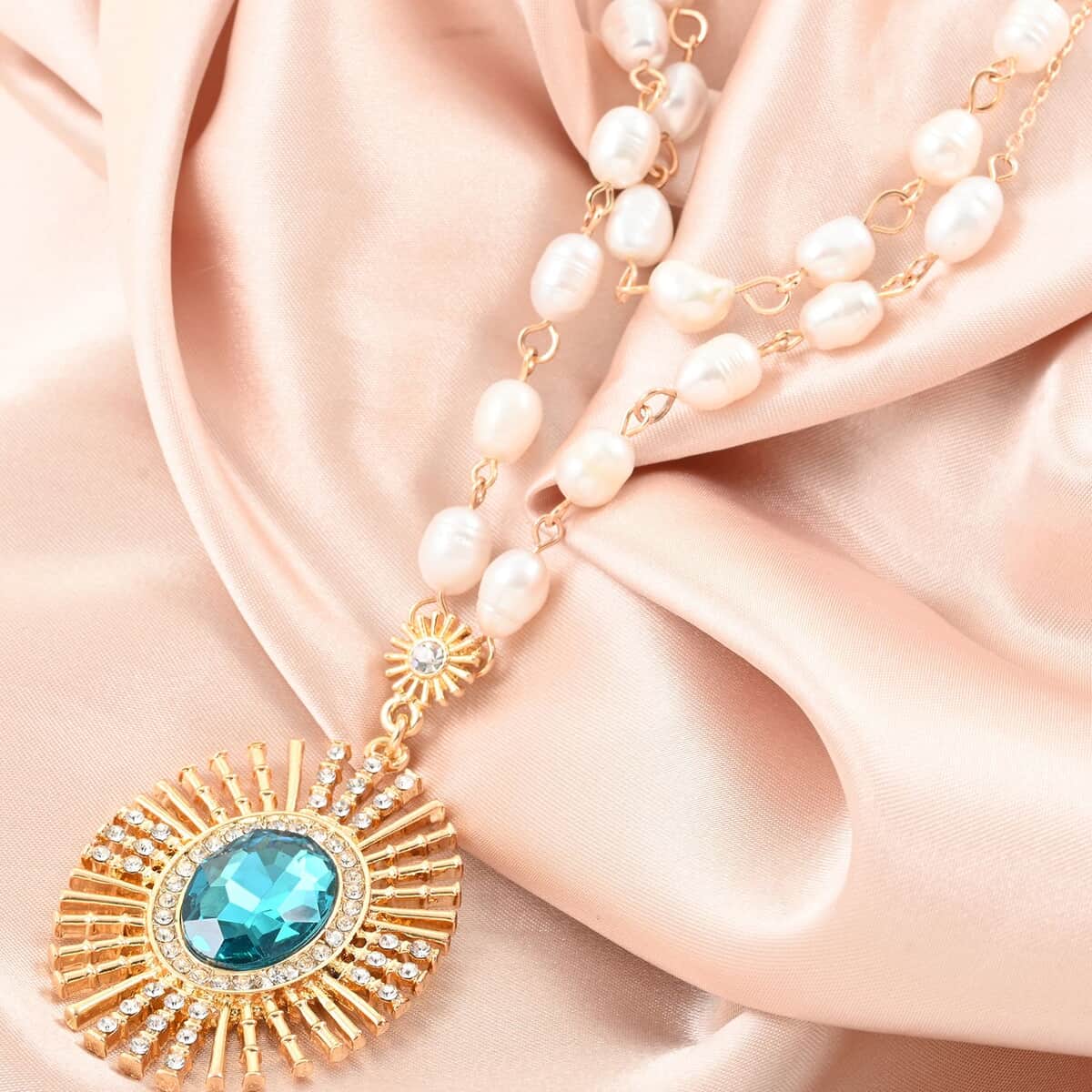 Simulated Blue Topaz, Freshwater Pearl and Austrian Crystal Floral Necklace 20 Inches in Goldtone image number 1
