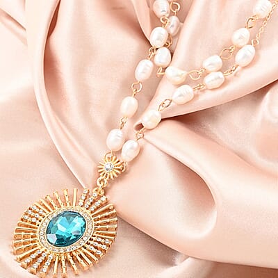 Simulated Blue Topaz, Freshwater Pearl and Austrian Crystal Floral Necklace 20 Inches in Goldtone