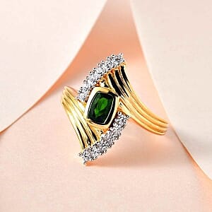 Chrome Diopside and White Zircon 0.94 ctw Ring in 14K YG Over Sterling Silver (Size 10)