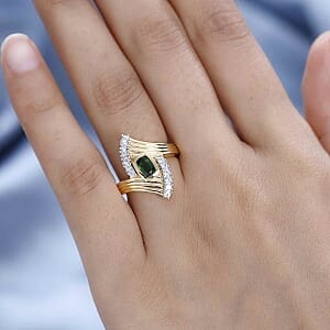 Chrome Diopside and White Zircon 0.94 ctw Ring in 14K YG Over Sterling Silver (Size 10)