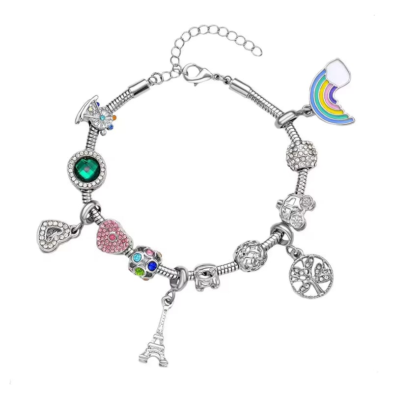 Gift Set - Snake Chain Bracelet with Interchangeable 12 Crystal Charms in Silvertone, Versatile Colorful Crystal Jewelry For Her, Birthday Anniversary Gift (7.0-9.0In)