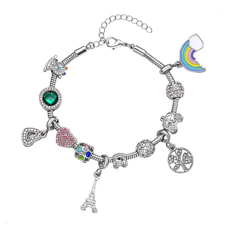 Gift Set - Snake Chain Bracelet with Interchangeable 12 Crystal Charms in Silvertone, Versatile Colorful Crystal Jewelry For Her, Birthday Anniversary Gift (7.0-9.0In)