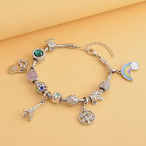 Gift Set - Snake Chain Bracelet with Interchangeable 12 Crystal Charms in Silvertone, Versatile Colorful Crystal Jewelry For Her, Birthday Anniversary Gift (7.0-9.0In)