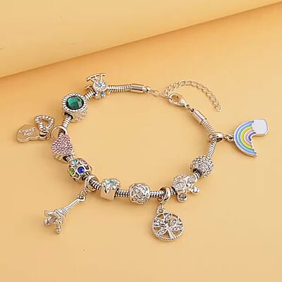 Gift Set - Snake Chain Bracelet with Interchangeable 12 Crystal Charms in Silvertone, Versatile Colorful Crystal Jewelry For Her, Birthday Anniversary Gift (7.0-9.0In)