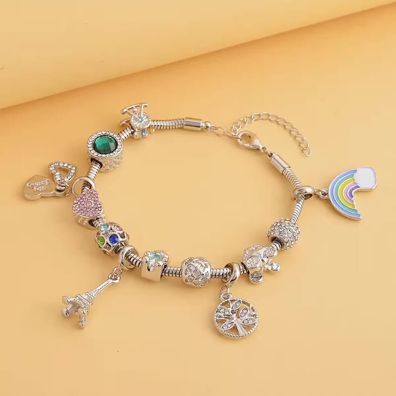 Gift Set - Snake Chain Bracelet with Interchangeable 12 Crystal Charms in Silvertone, Versatile Colorful Crystal Jewelry For Her, Birthday Anniversary Gift (7.0-9.0In)