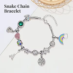 Gift Set - Snake Chain Bracelet with Interchangeable 12 Crystal Charms in Silvertone, Versatile Colorful Crystal Jewelry For Her, Birthday Anniversary Gift (7.0-9.0In)