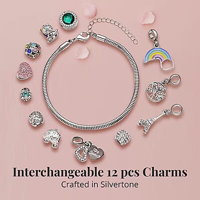 Gift Set - Snake Chain Bracelet with Interchangeable 12 Crystal Charms in Silvertone, Versatile Colorful Crystal Jewelry For Her, Birthday Anniversary Gift (7.0-9.0In)