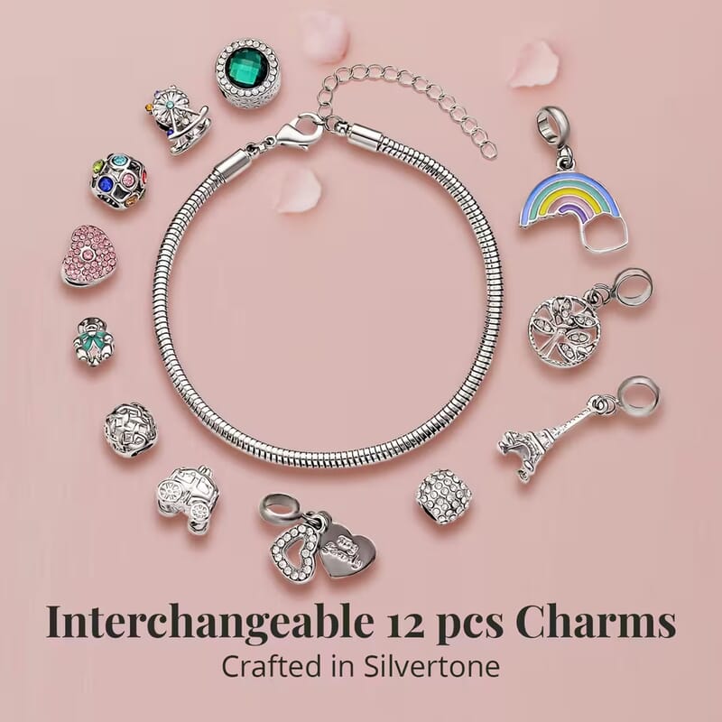 Gift Set - Snake Chain Bracelet with Interchangeable 12 Crystal Charms in Silvertone, Versatile Colorful Crystal Jewelry For Her, Birthday Anniversary Gift (7.0-9.0In)