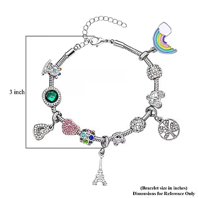 Gift Set - Snake Chain Bracelet with Interchangeable 12 Crystal Charms in Silvertone, Versatile Colorful Crystal Jewelry For Her, Birthday Anniversary Gift (7.0-9.0In)