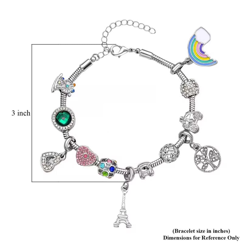 Gift Set - Snake Chain Bracelet with Interchangeable 12 Crystal Charms in Silvertone, Versatile Colorful Crystal Jewelry For Her, Birthday Anniversary Gift (7.0-9.0In)