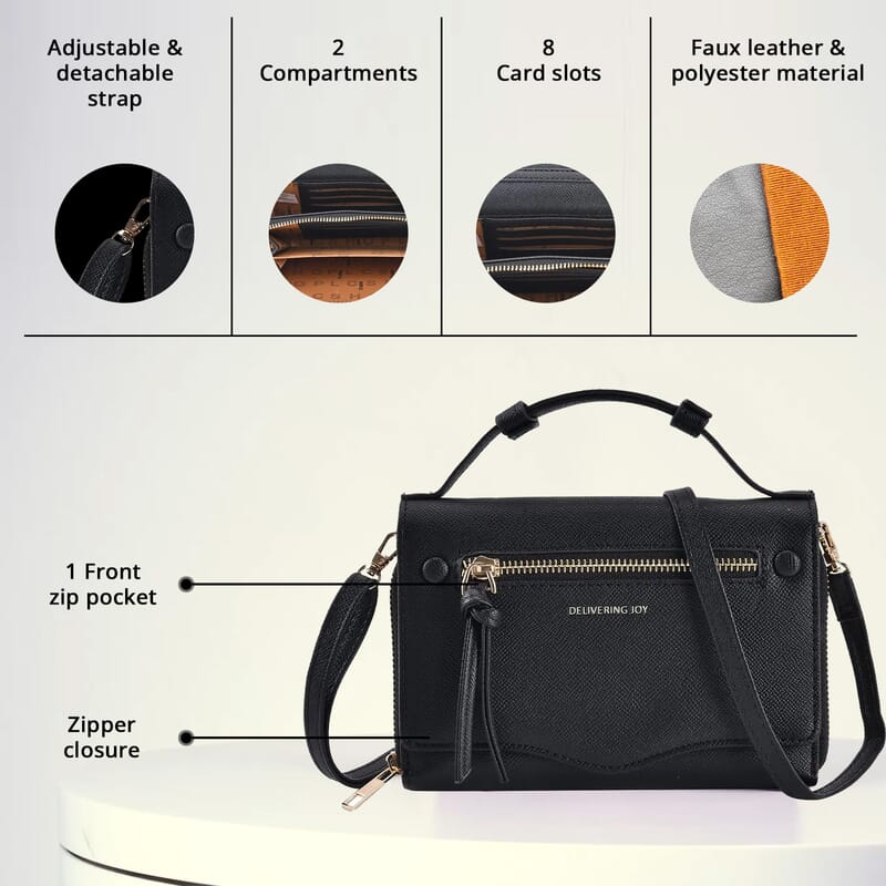 Black Chic and Elegant Faux Leather Crossbody Wallet with Shoulder Strap