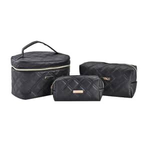 Set of 3 Black Quilted Checker Pattern Faux Leather Cosmetic Bag