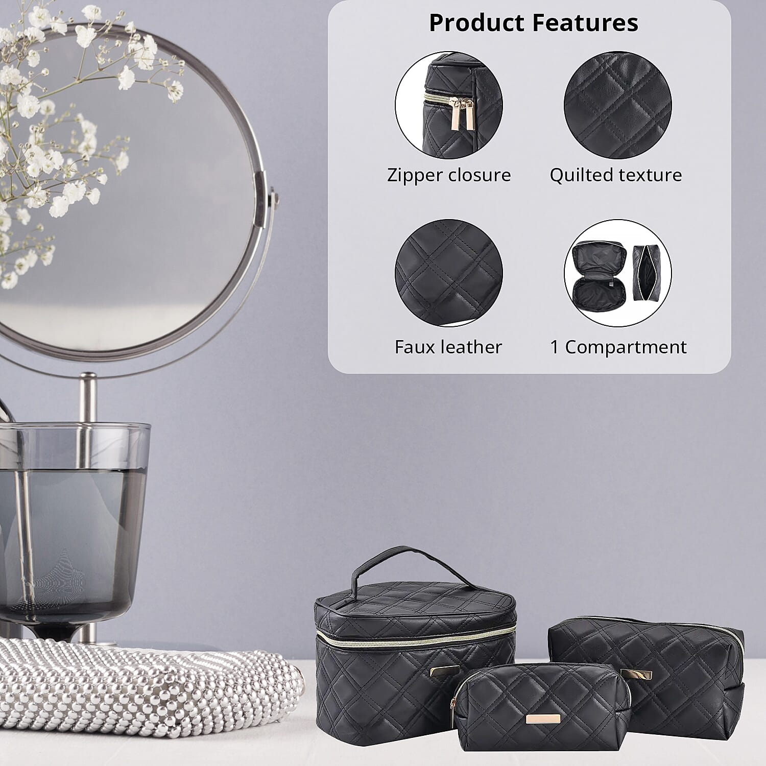 Set of 3 Black Quilted Checker Pattern Faux Leather Cosmetic Bag