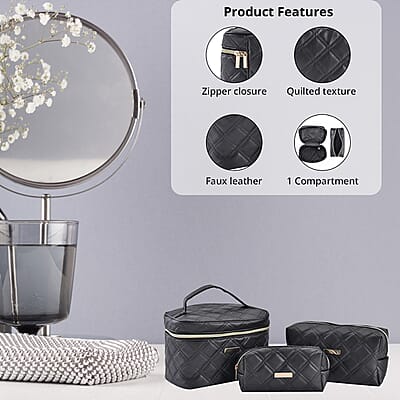 Set of 3 Black Quilted Checker Pattern Faux Leather Cosmetic Bag