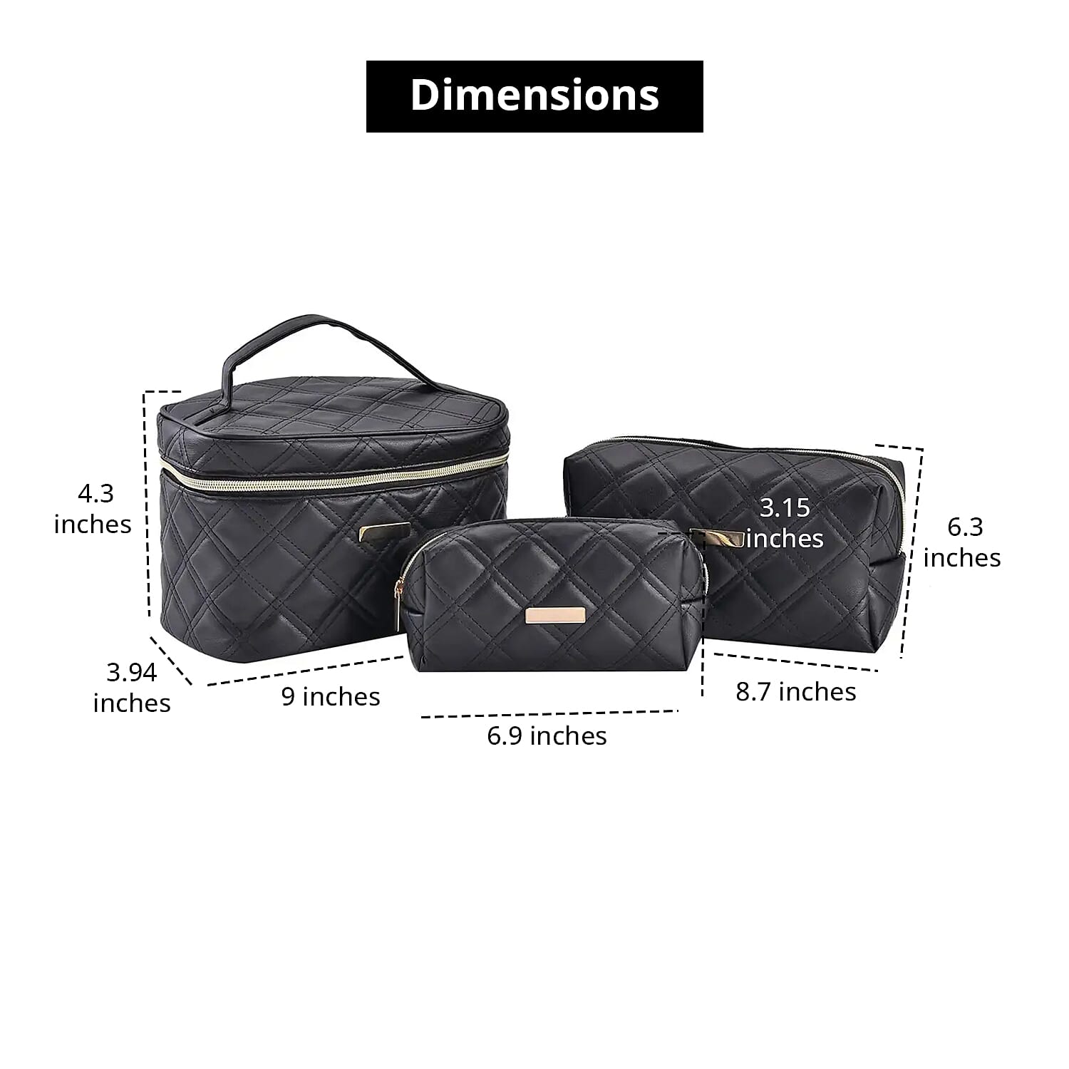 Set of 3 Black Quilted Checker Pattern Faux Leather Cosmetic Bag