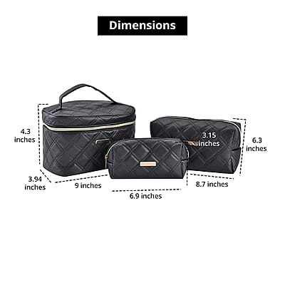 Set of 3 Black Quilted Checker Pattern Faux Leather Cosmetic Bag
