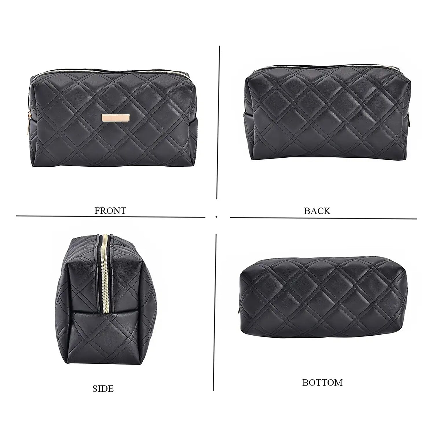 Set of 3 Black Quilted Checker Pattern Faux Leather Cosmetic Bag