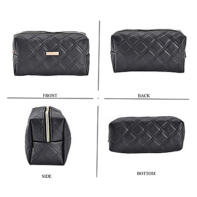 Set of 3 Black Quilted Checker Pattern Faux Leather Cosmetic Bag
