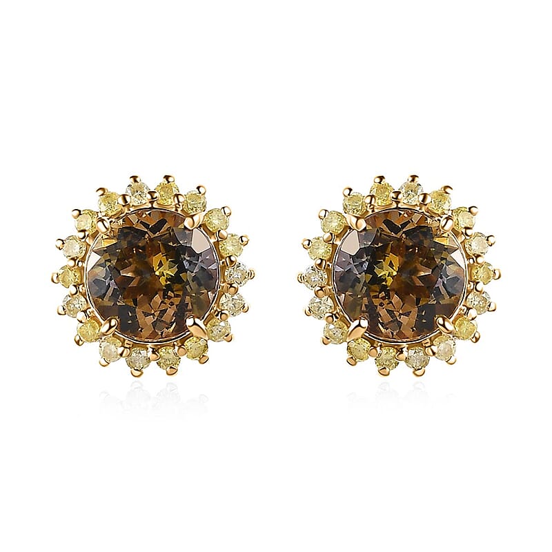 Luxoro 14K Yellow Gold Premium Golden Tanzanite and I3 Natural Yellow Diamond Sunburst Stud Earrings 3.25 ctw