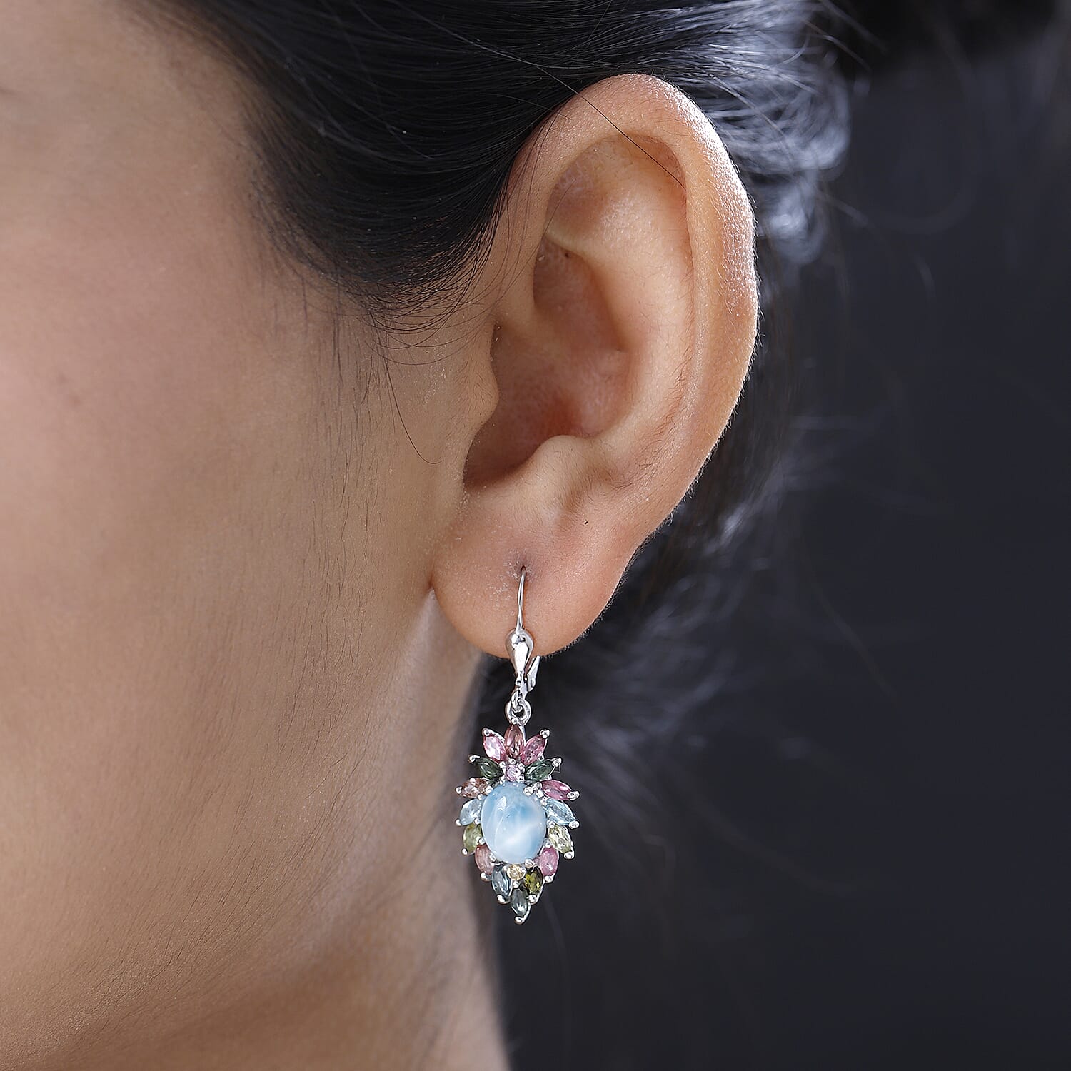 Larimar and Multi-Tourmaline Lever Back Earrings in Platinum Over Sterling Silver 6.65 ctw