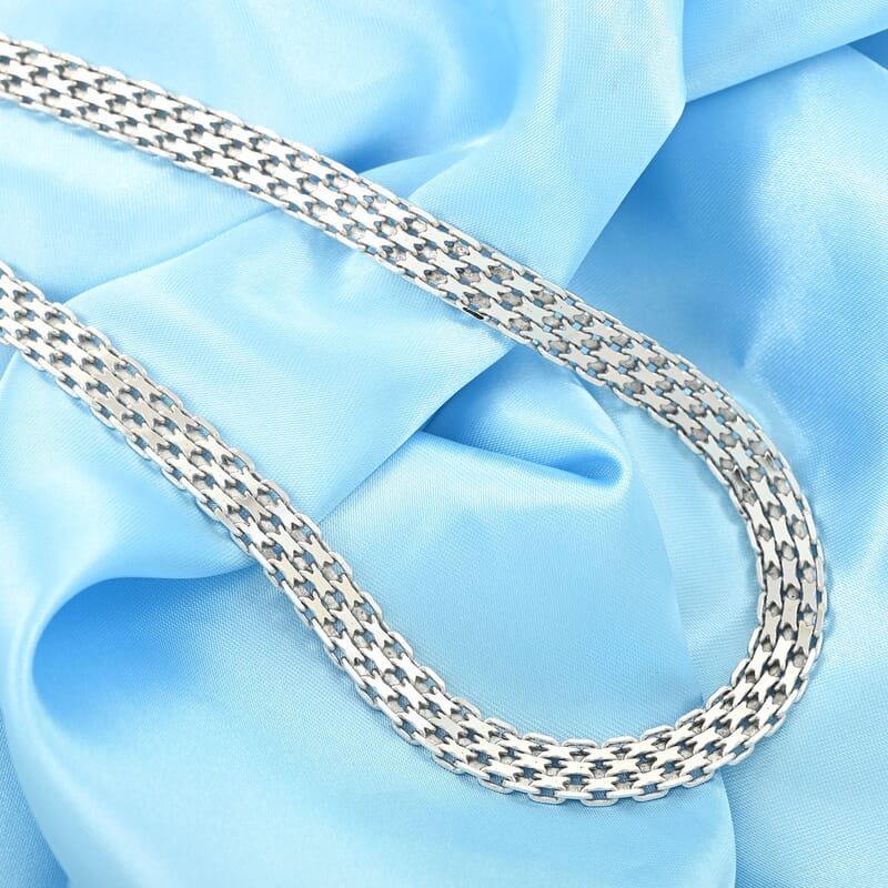 Italian Bismark Pave Chain Necklace in Rhodium Over Sterling Silver with Extender, 18-20 Inch Adjustable Length Necklace, Birthday Gifts 29.70 Grams