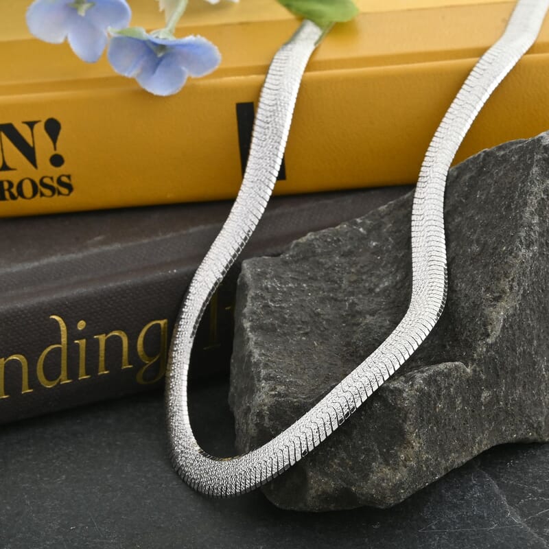 Italian Rhodium Over Sterling Silver Herringbone Necklace with Extender 18 Inches 24 Grams