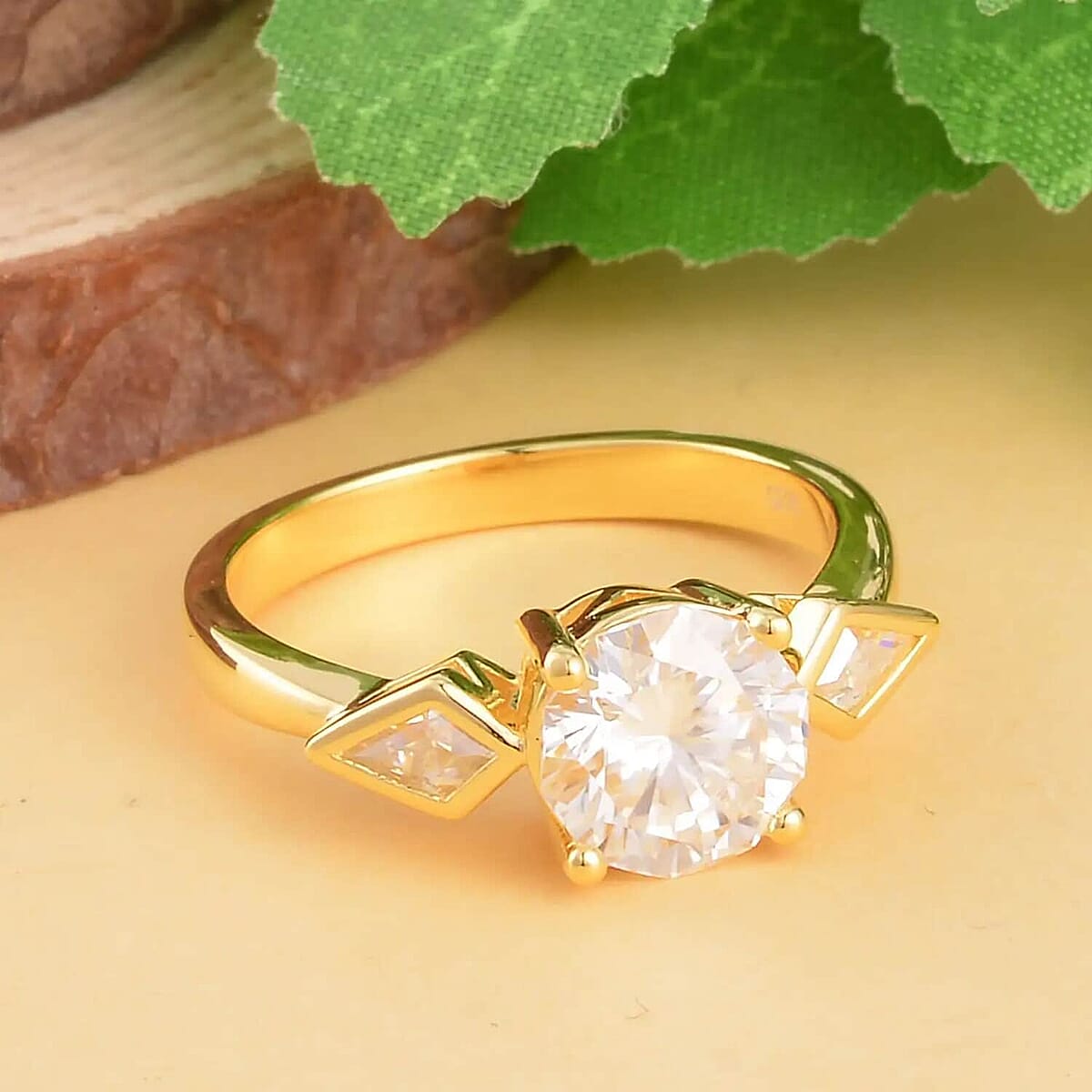 Moissanite 2.20 ctw Ring, Moissanite 3 Stone Ring, Vermeil Yellow Gold Over Sterling Silver Ring, Promise Ring, Gifts For Her, Moissanite Jewelry (Size 8.00) image number 1