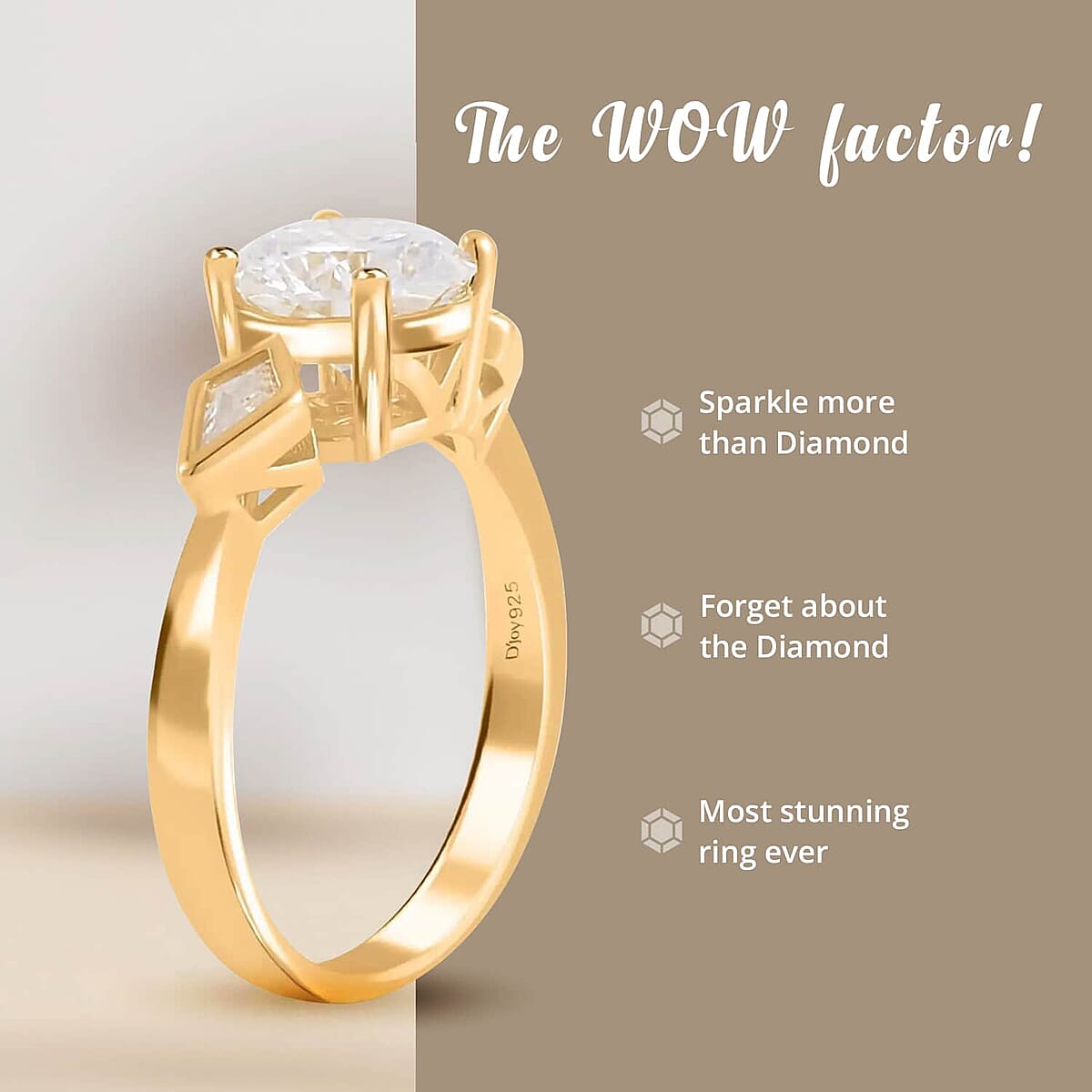 Moissanite 2.20 ctw Ring, Moissanite 3 Stone Ring, Vermeil Yellow Gold Over Sterling Silver Ring, Promise Ring, Gifts For Her, Moissanite Jewelry (Size 8.00) image number 3