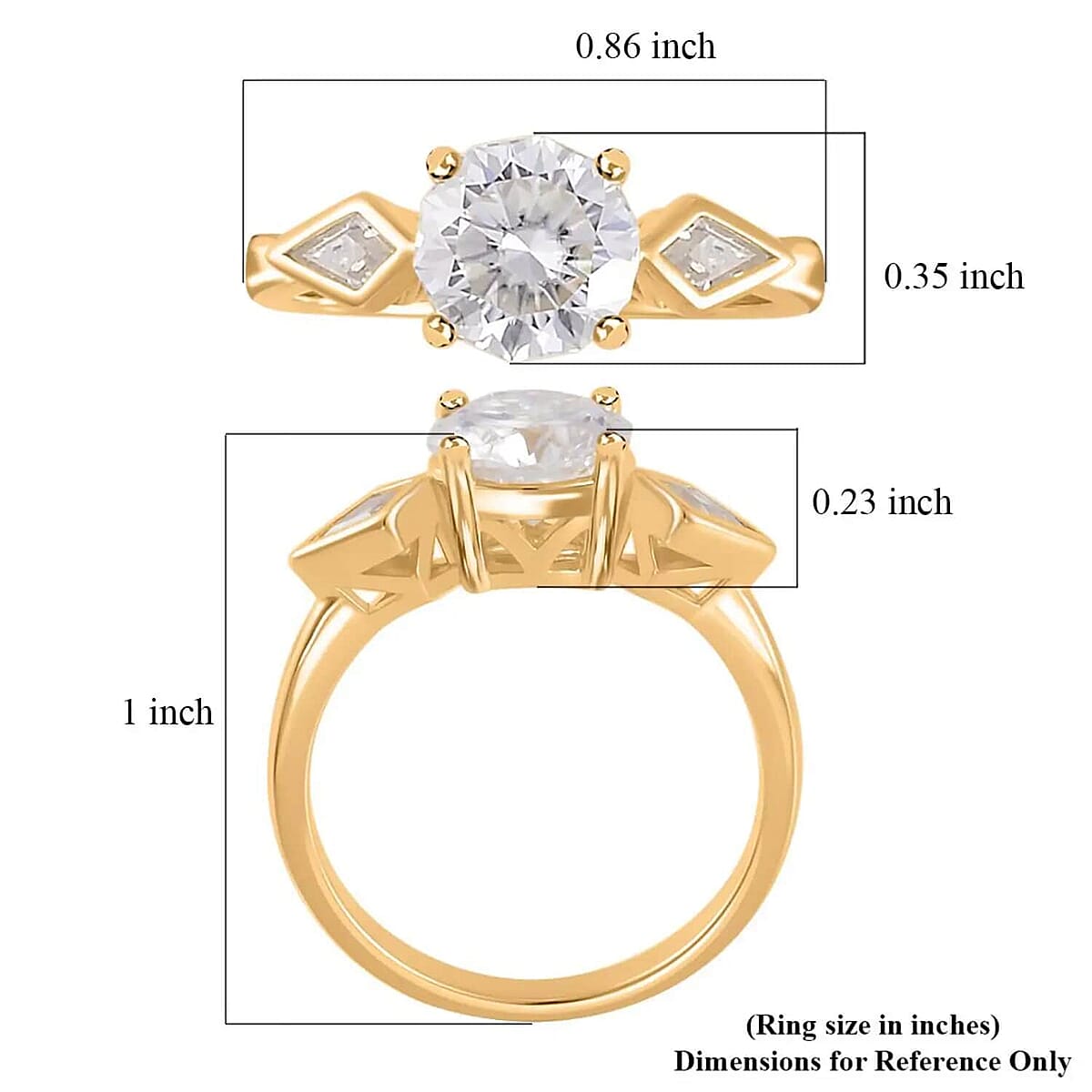 Moissanite 2.20 ctw Ring, Moissanite 3 Stone Ring, Vermeil Yellow Gold Over Sterling Silver Ring, Promise Ring, Gifts For Her, Moissanite Jewelry (Size 8.00) image number 6