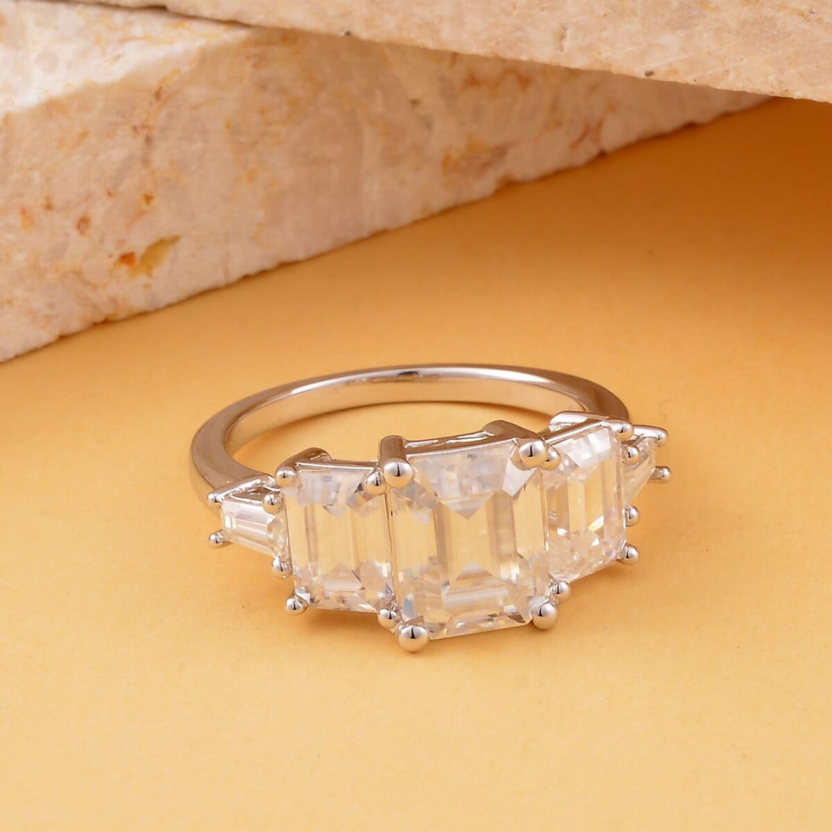 Moissanite 5 Stone Ring in Rhodium Over Sterling Silver 4.85 ctw image number 1