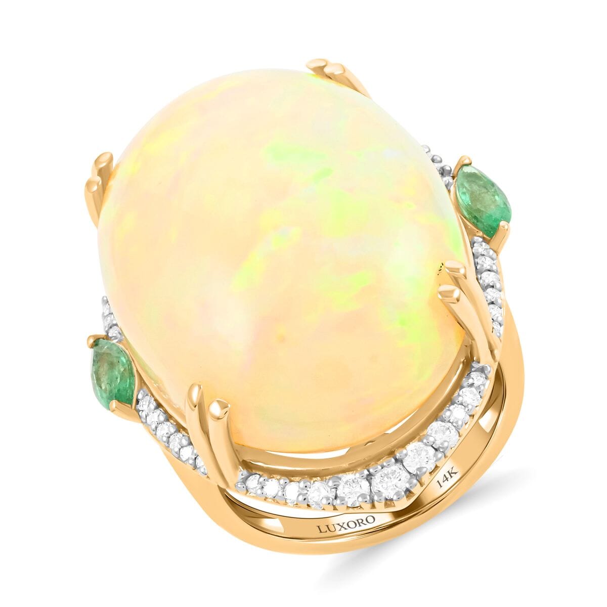 Luxoro 14K Yellow Gold Ethiopian Welo Opal and Kagem Zambian Emerald and G-H I2 Diamond Mounting Ring (Size 7.0) 8 Grams 27.30 ctw image number 0