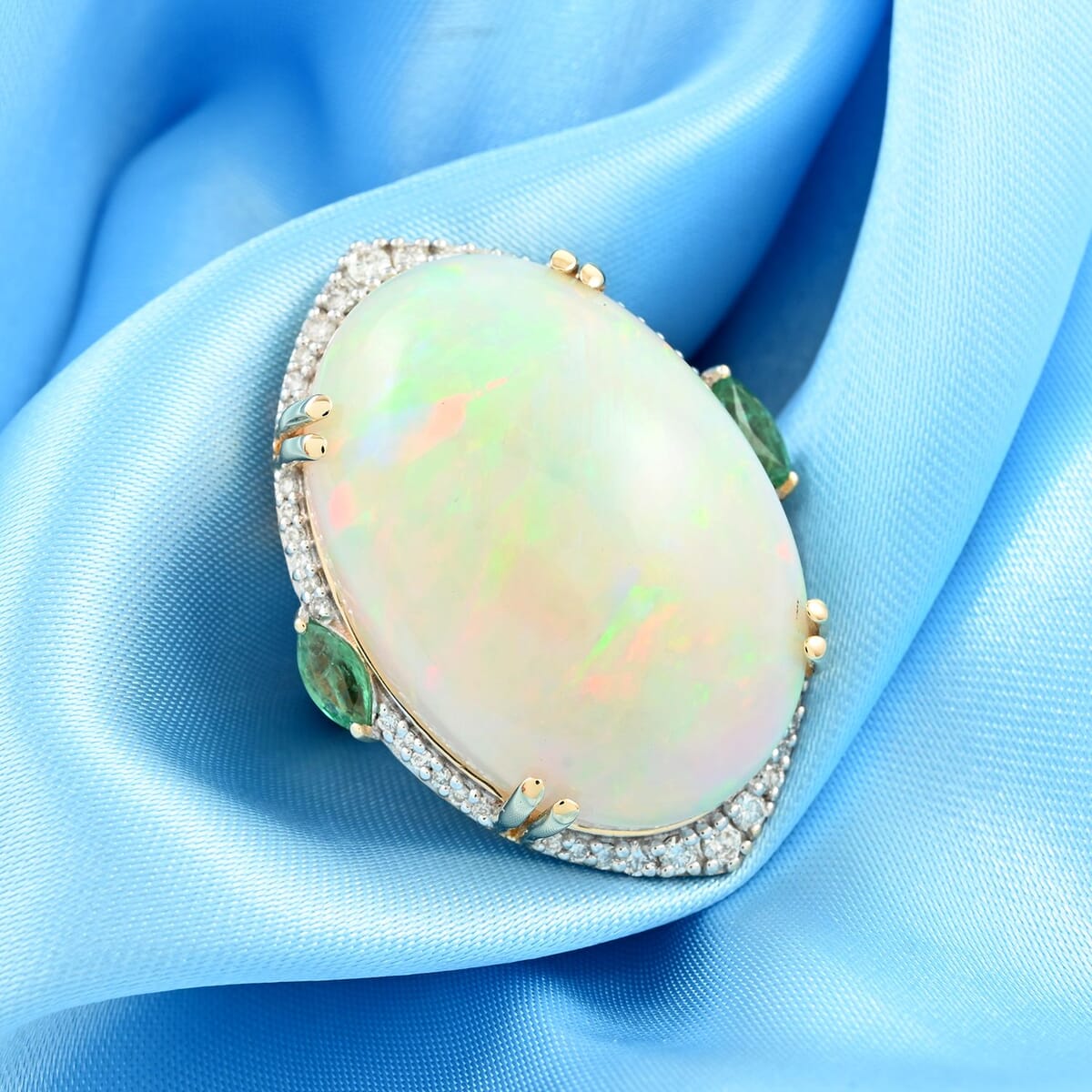 Luxoro 14K Yellow Gold Ethiopian Welo Opal and Kagem Zambian Emerald and G-H I2 Diamond Mounting Ring (Size 7.0) 8 Grams 27.30 ctw image number 1